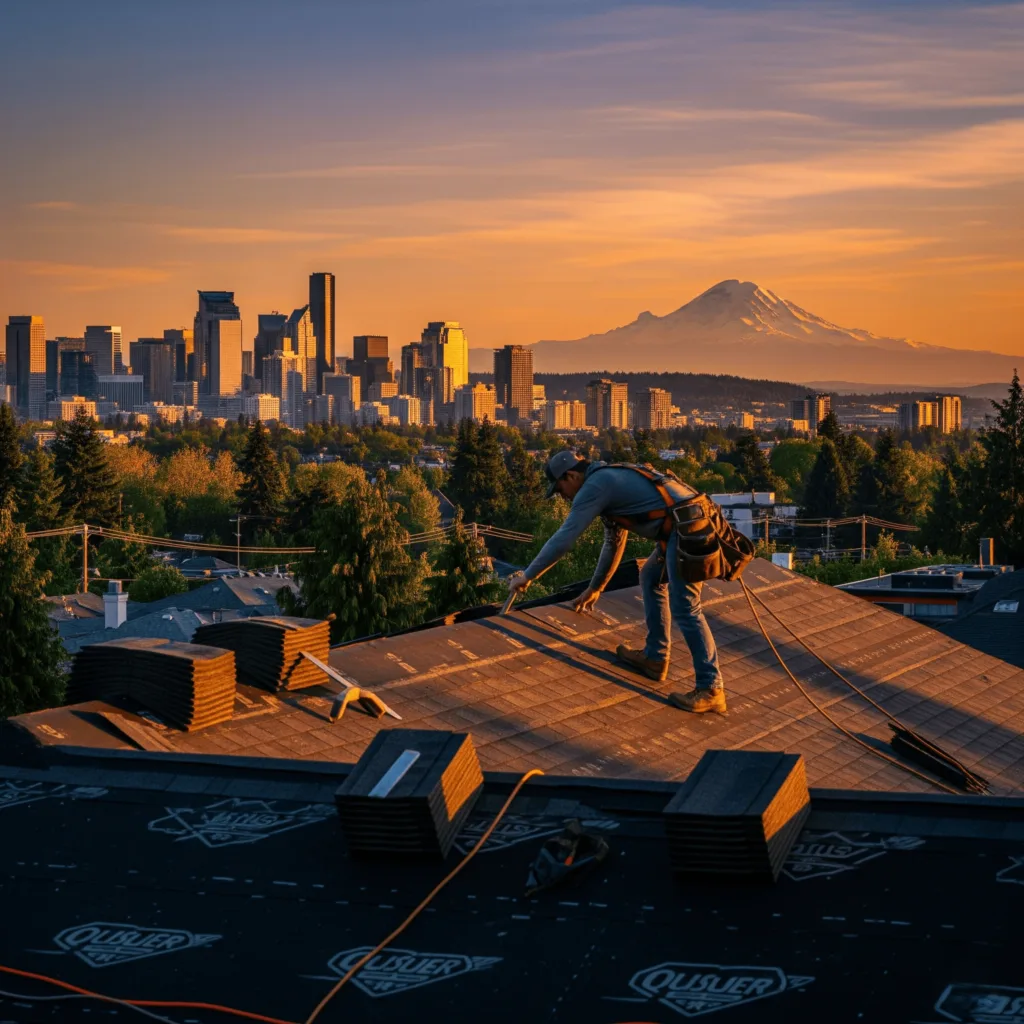 Licensed contractors installing a new roof Bellevue WA with architectural shingles